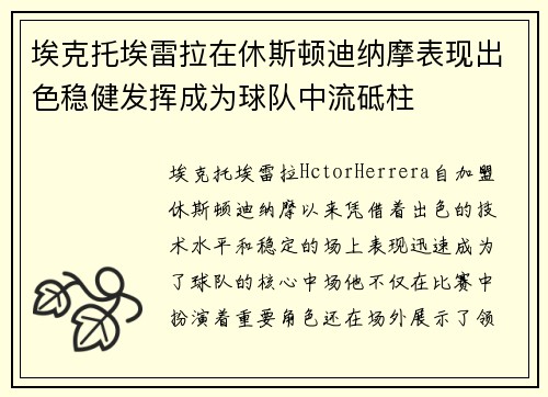 埃克托埃雷拉在休斯顿迪纳摩表现出色稳健发挥成为球队中流砥柱